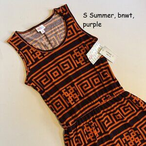Small Lularoe Summer sleeveless dress, orange and purple Greek key print